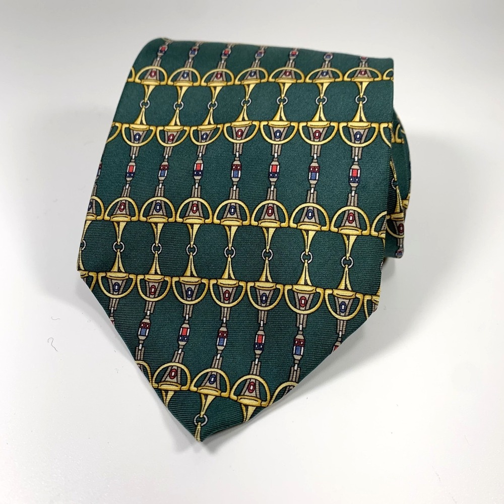 Vintage Paolo Gucci Mens Tie Green Gold Horsebit Equestrian Stirrup Silk Italy